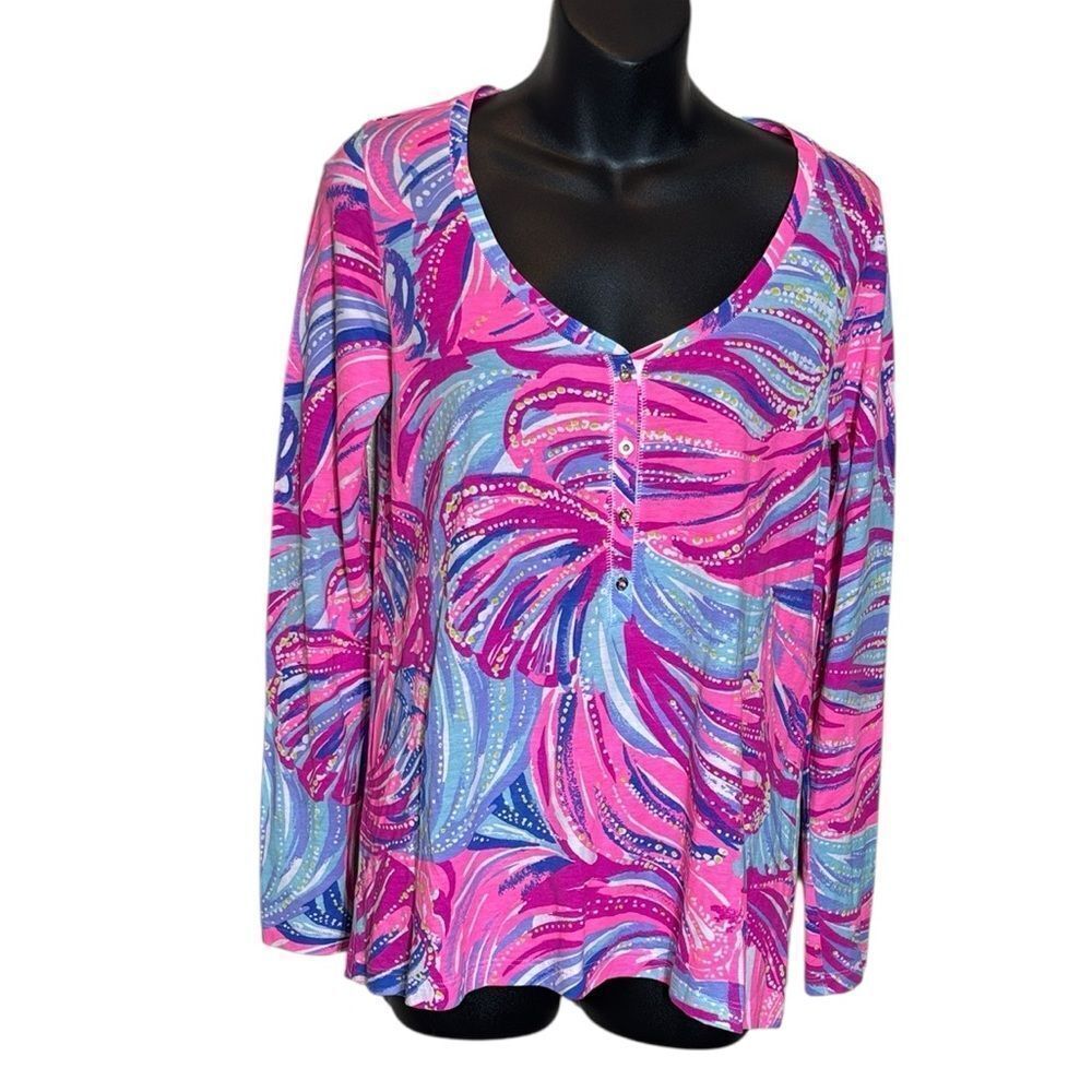 Lilly Pulitzer women’s small sorella Henley pink long sleeve top colorful artsy